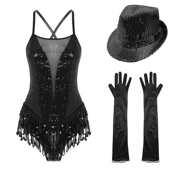 TiaoBug Women Sequins Tassel Latin Dance Dress Leotard Ballroom Dance Tops with Gloves Hat Dance Outfit A Black S