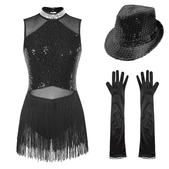TiaoBug Women Sequins Tassel Latin Dance Dress Leotard Ballroom Dance Tops with Gloves Hat Dance Outfit D Black XL