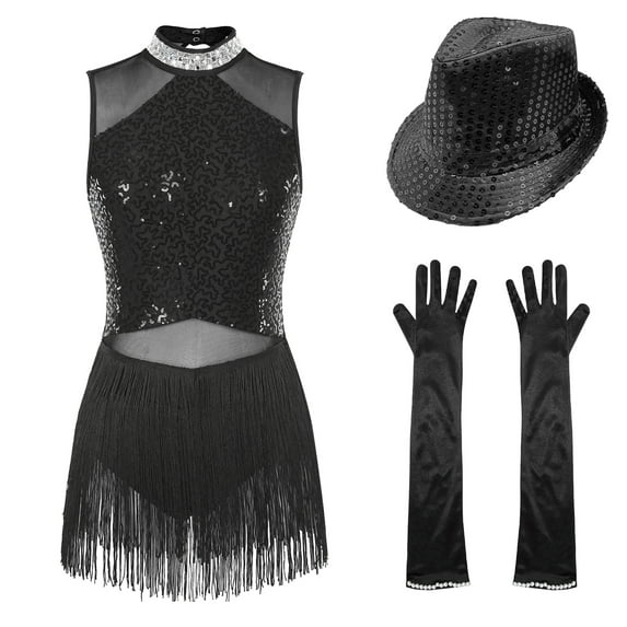 TiaoBug Women Sequins Tassel Latin Dance Dress Leotard Ballroom Dance Tops with Gloves Hat Dance Outfit D Black XXL