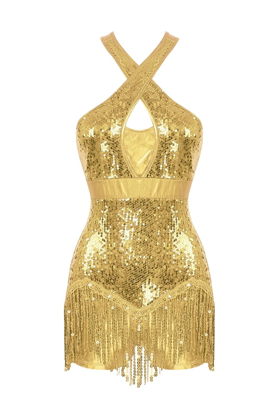 Women Sequins Tassel Latin Jazz Dance Dress Criss Cross Back Leotard Tango Ballroom Bodysuit Gold M