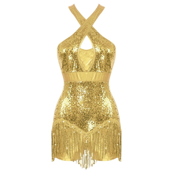 TiaoBug Women Sequins Tassel Latin Jazz Dance Dress Criss Cross Back Leotard Tango Ballroom Bodysuit Gold XXL