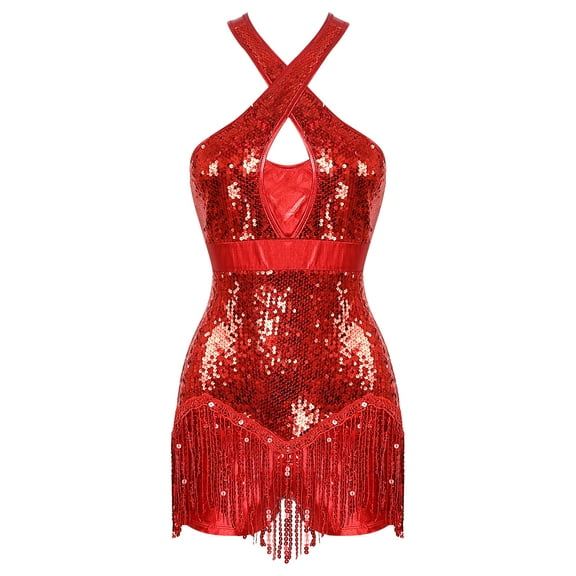 TiaoBug Women Sequins Tassel Latin Jazz Dance Dress Criss Cross Back Leotard Tango Ballroom Bodysuit Red S