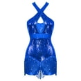 thumbnail image 1 of TiaoBug Women Sequins Tassel Latin Jazz Dance Dress Criss Cross Back Leotard Tango Ballroom Bodysuit Royal Blue S, 1 of 6