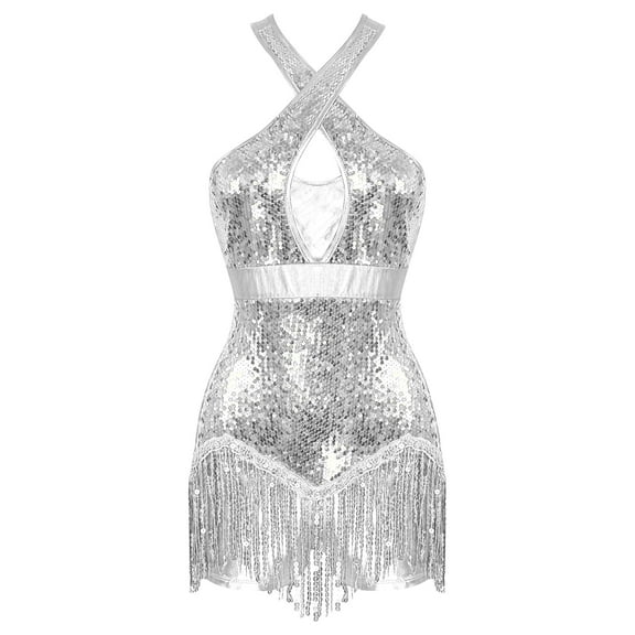 TiaoBug Women Sequins Tassel Latin Jazz Dance Dress Criss Cross Back Leotard Tango Ballroom Bodysuit Silver M