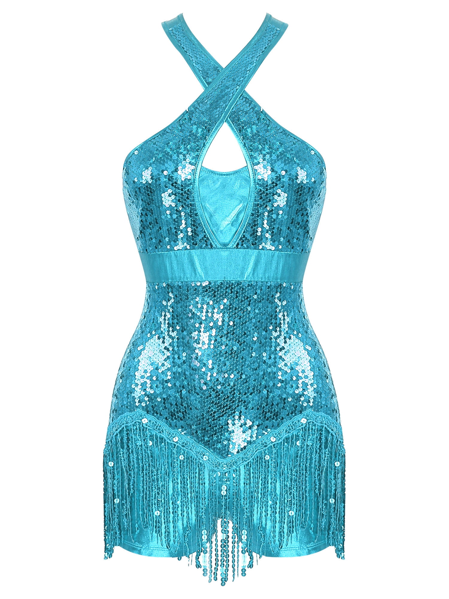 TiaoBug Women's Sparkly Sequins Latin Dance Costume 2-Piece Set - Bodysuit & Hat