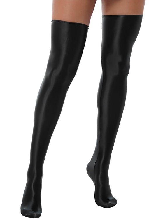 Women Shiny Glossy Thigh High Stockings Oil Flashing Over Knee Elastic Hosiery Black One Size