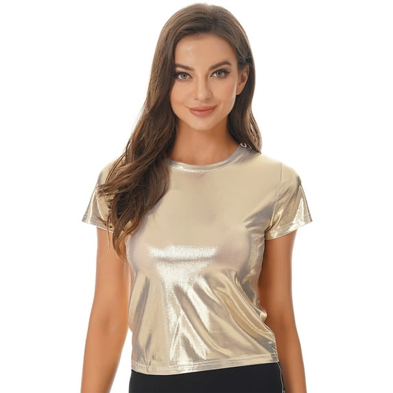 TiaoBug Women Shiny Metallic Crop Tops Short Sleeve Holographic Shirt Sparkle Disco Party T-Shirt Clubwear Gold 3XL