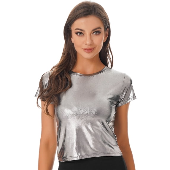 TiaoBug Women Shiny Metallic Crop Tops Short Sleeve Holographic Shirt Sparkle Disco Party T-Shirt Clubwear Gray M