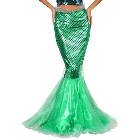 TiaoBug Women Shiny Metallic Maxi Fishtail Skirt Halloween Cascading Tulle Maxi Skirt Mermaid Cosplay Fancy Dress Green XL