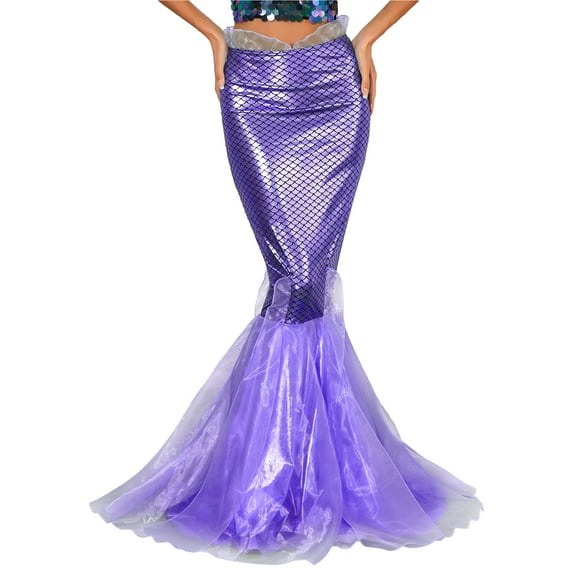 TiaoBug Women Shiny Metallic Maxi Fishtail Skirt Halloween Cascading Tulle Maxi Skirt Mermaid Cosplay Fancy Dress Purple S