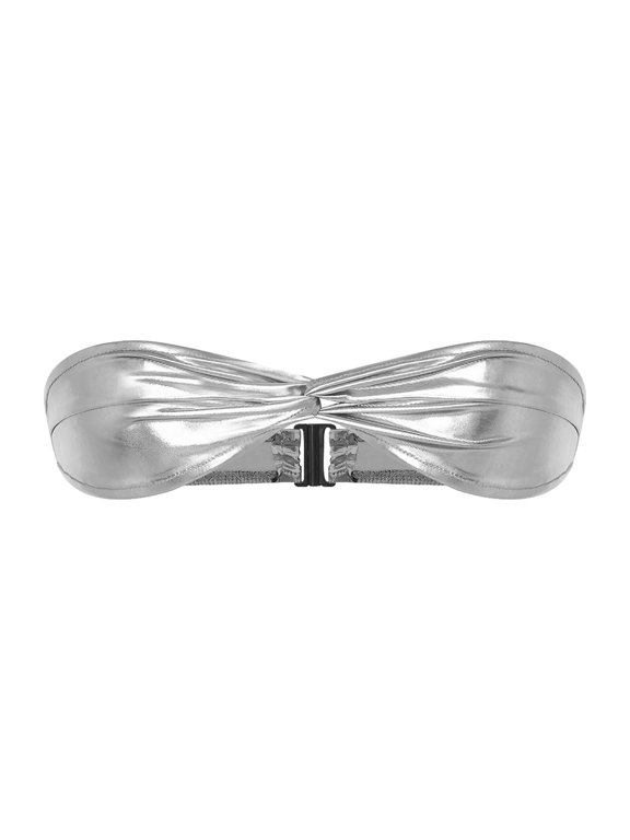 Women Shiny Metallic Tube Top Twist Front Bandeau Nightclub Strapless Bra Backless Bralette Swimwear Silver XL
