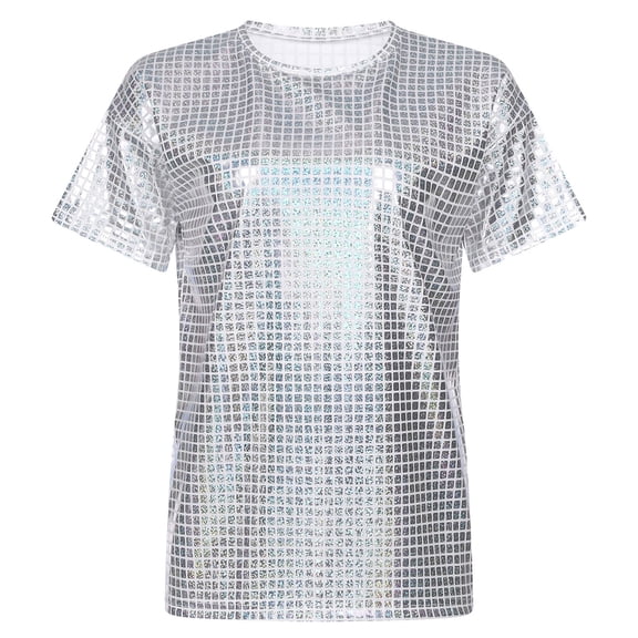 TiaoBug Women Shiny Plaid Sequin Shirt Short Sleeve Disco Club Party T-shirt Night Out Tops Silver 170