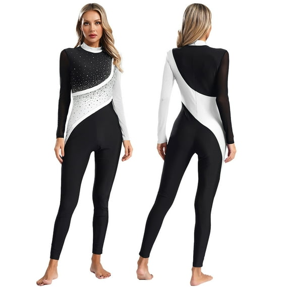 TiaoBug Women Shiny Rhinestone Gymnastics Leotard Bodysuit Full Length Figure Skating Jumpsuit White M