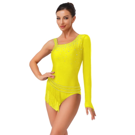TiaoBug Women Shiny Rhinestone Gymnastics Leotard Dance Top One Shoulder Fringe Tassel Figure Skating Bodysuit Fluorescent Yellow XL