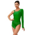thumbnail image 1 of TiaoBug Women Shiny Rhinestone Gymnastics Leotard Dance Top One Shoulder Fringe Tassel Figure Skating Bodysuit Green XL, 1 of 5