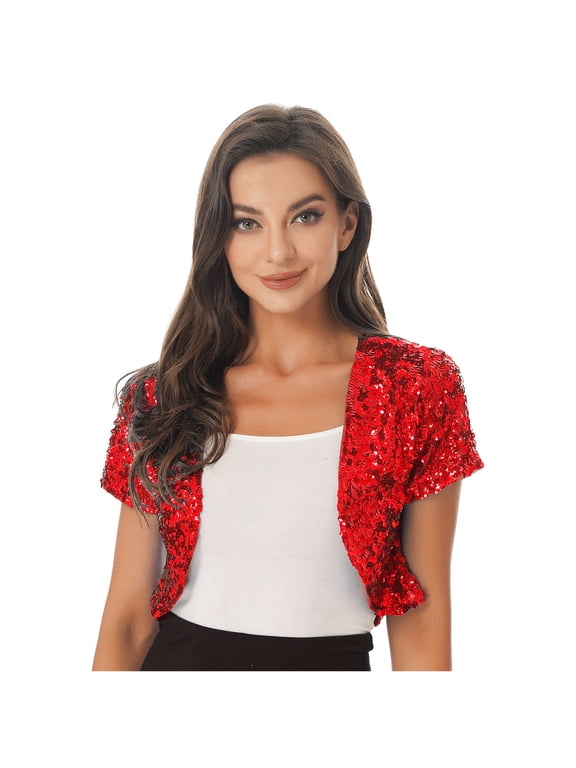 Women Shiny Sequin Jacket Short Sleeve Glitter Cropped Blazer Bolero Shrug Top