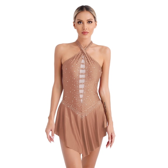 TiaoBug Women Sleeveless Lyrical Dance Dress Shiny Rhinestone Figure Ice Skating Skirted Leotard Dusty Pink L