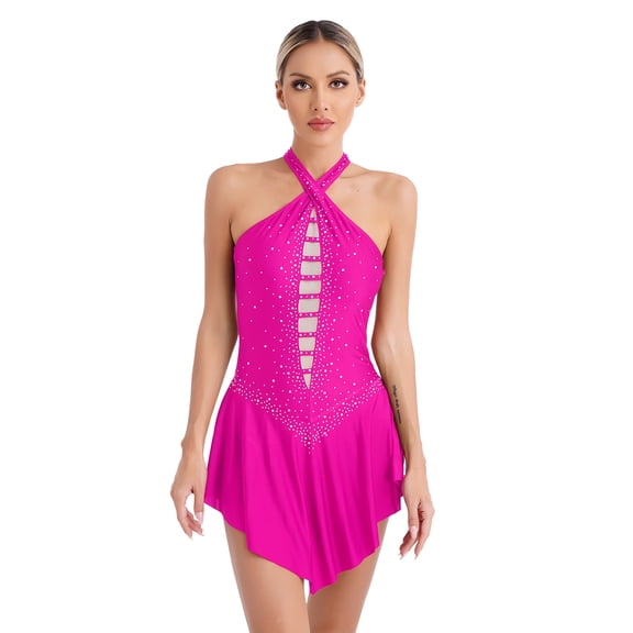 TiaoBug Women Sleeveless Lyrical Dance Dress Shiny Rhinestone Figure Ice Skating Skirted Leotard Hot Pink XL