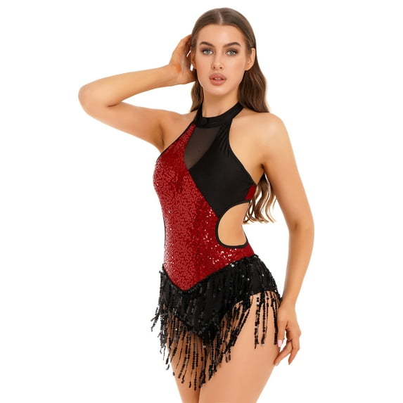 TiaoBug Women Sparkling Fringed Latin Jazz Dance Leotard Sleeveless Bodysuit Modern Lyrical Dance Costume Burgundy M