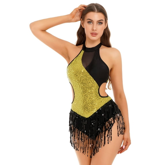 TiaoBug Women Sparkling Fringed Latin Jazz Dance Leotard Sleeveless Bodysuit Modern Lyrical Dance Costume Gold XL