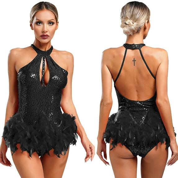 TiaoBug Women Stage Performance Dancewear Glittery Sequins Tango Salsa Latin Dance Leotard Dress Black L