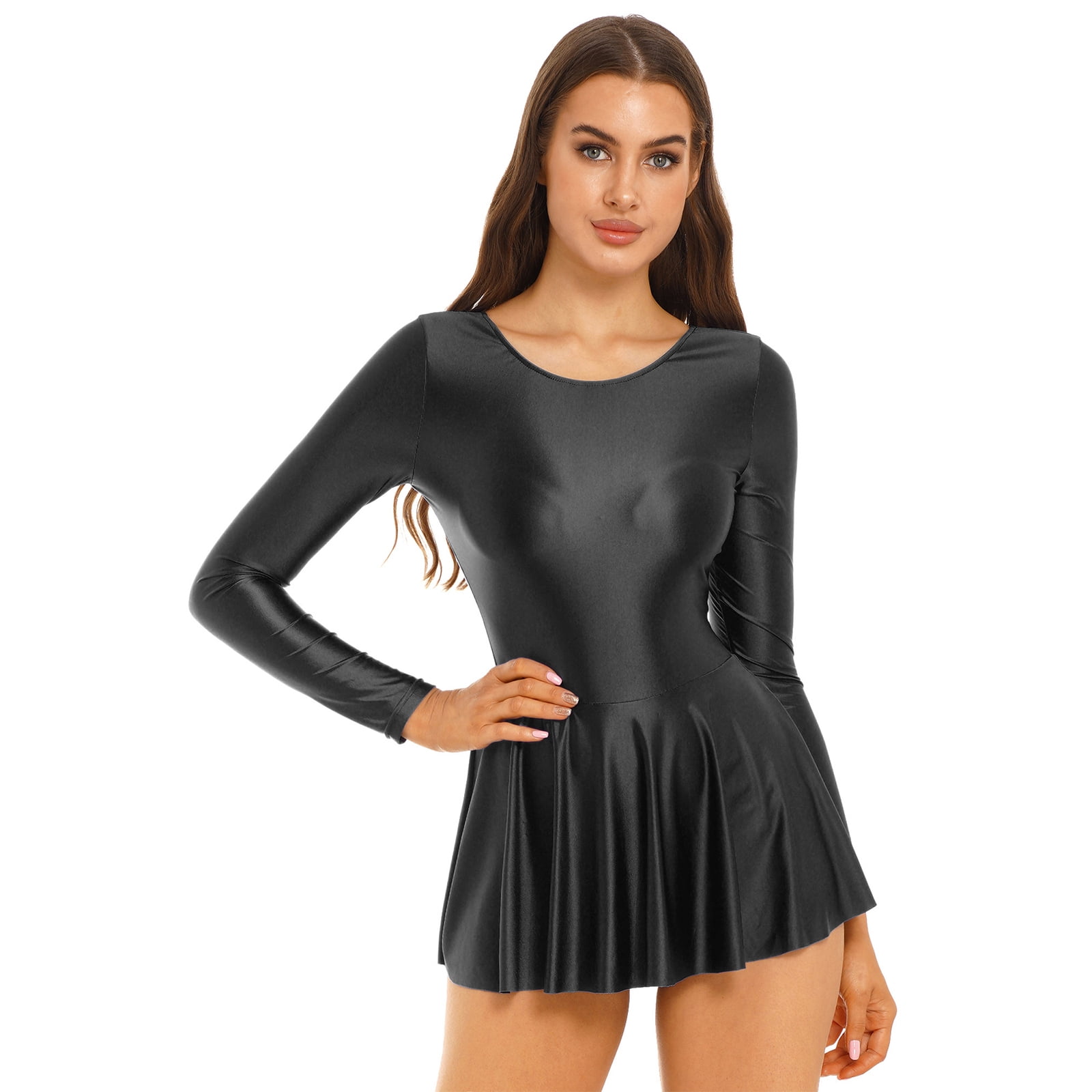 short dress showing panties TiaoBug Women Summer Tunic Dress Long Sleeve Oil Glossy Casual Mini Dress with Built-in Panties Fluorescent Green L