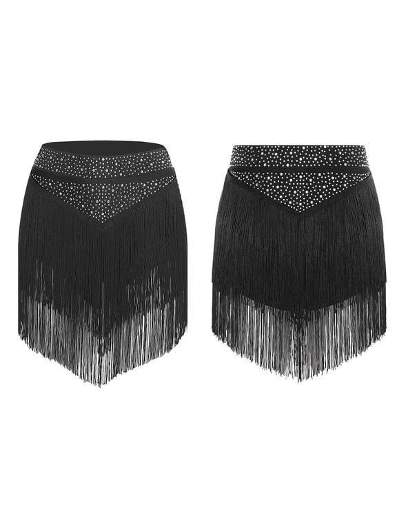 Women Tassel Latin Dance Skirt Irregular Hem Length Fringe Salsa Tango Rumba Dancewear Black M