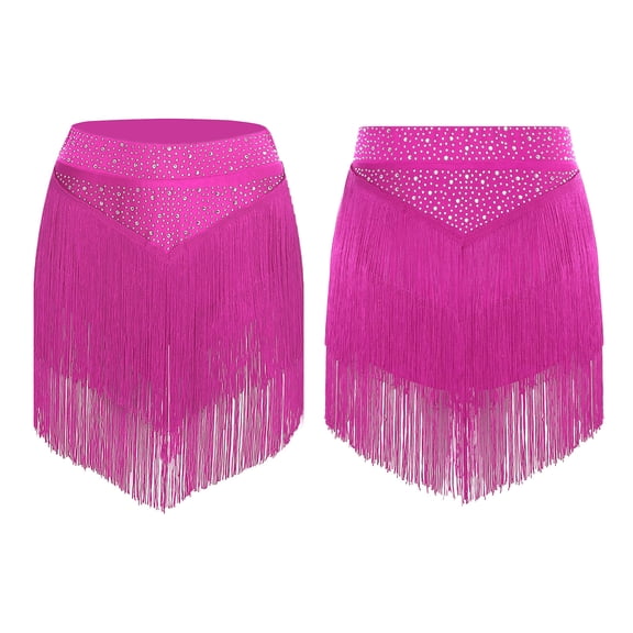 TiaoBug Women Tassel Latin Dance Skirt Irregular Hem Length Fringe Salsa Tango Rumba Dancewear Hot Pink M