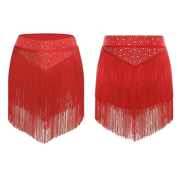 TiaoBug Women Tassel Latin Dance Skirt Irregular Hem Length Fringe Salsa Tango Rumba Dancewear Red XL