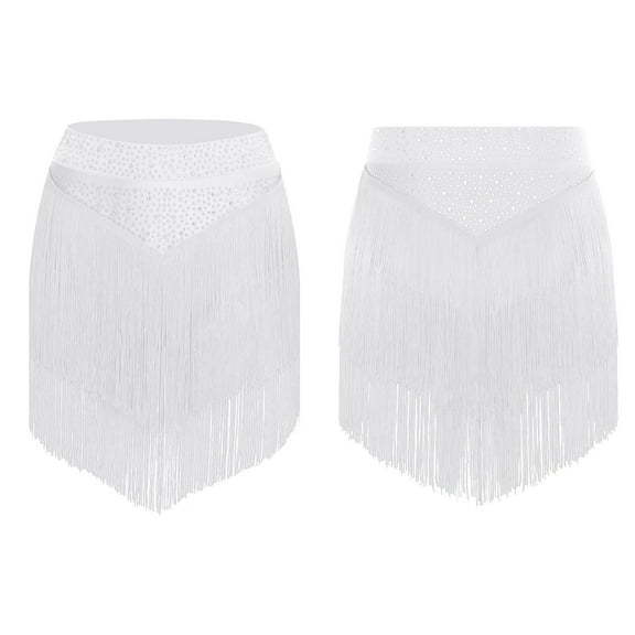 TiaoBug Women Tassel Latin Dance Skirt Irregular Hem Length Fringe Salsa Tango Rumba Dancewear White XXL