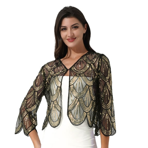 TiaoBug Women Vintage Hollow Lace Bolero Cardigan Sequins Cape Evening Party Dress Shrug Cover Up Gold One Size