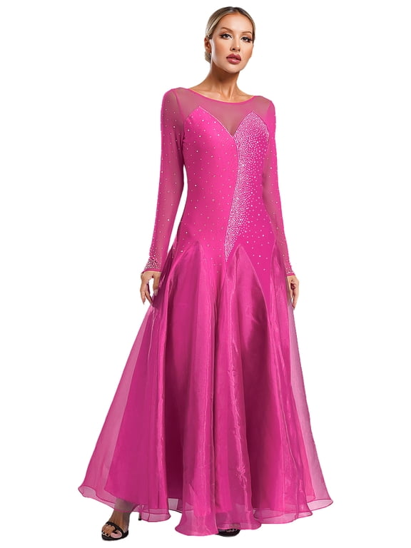 Women Waltz Tango Dance Prom Party Dress Ballroom Modern Dancewear Hot Pink S