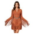 thumbnail image 1 of TiaoBug Women Western Cowgirl Fringe Long Sleeve Tassels Mini Dress Hippie 70s Party Outfit Brown XL, 1 of 7