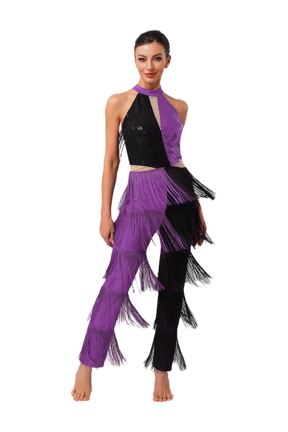Women's 1970s Party Sparkly Latin Dance Dressy Jumpsuit Sequin Tassel Fringe Pants Romper Purple S