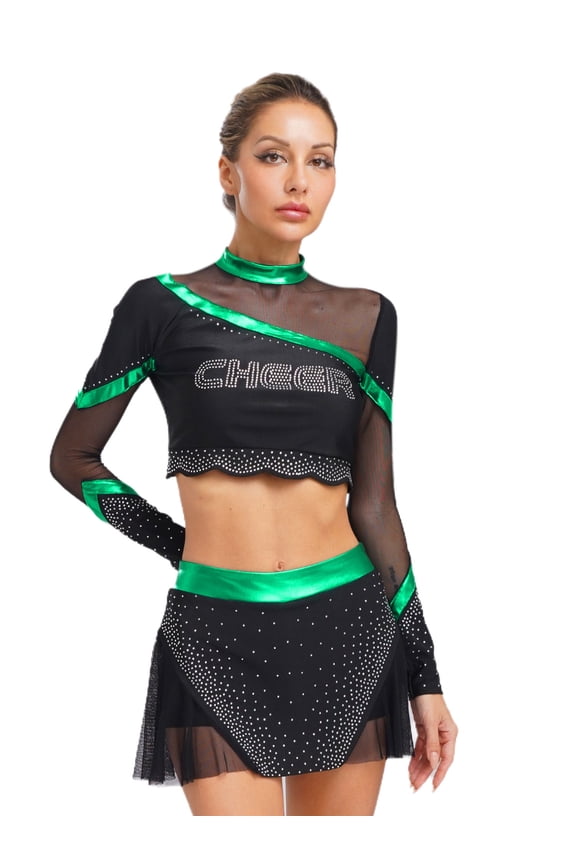 Women's 2 Piece Cheerleading Outfits Long Sleeve Crop Tops & Dance Skirt Set for Musical Rave Party Green XL