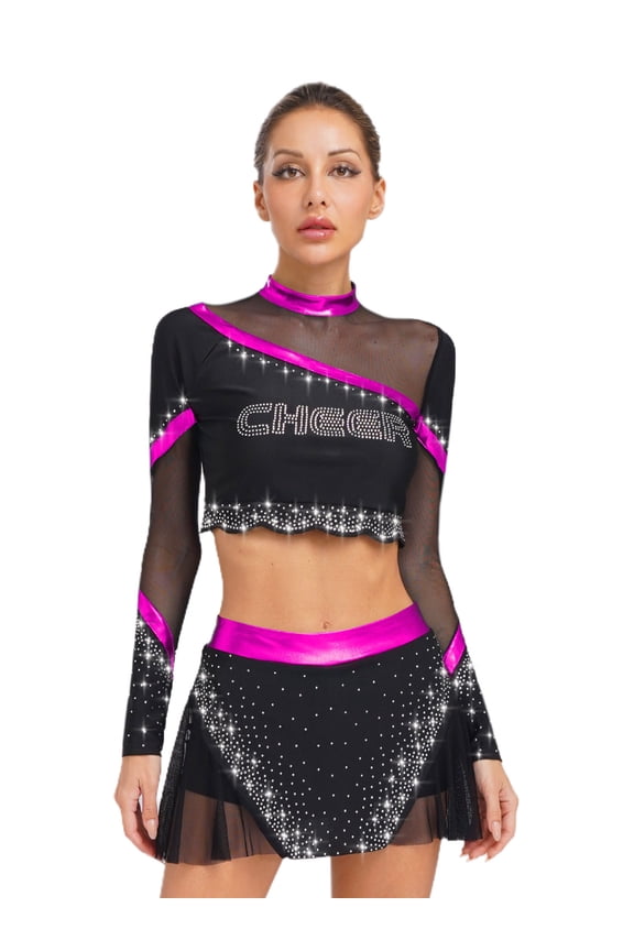 Women's 2 Piece Cheerleading Outfits Long Sleeve Crop Tops & Dance Skirt Set for Musical Rave Party Hot Pink XXL