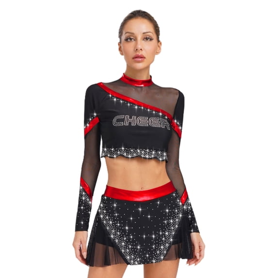 TiaoBug Women's 2 Piece Cheerleading Outfits Long Sleeve Crop Tops & Dance Skirt Set for Musical Rave Party Red S