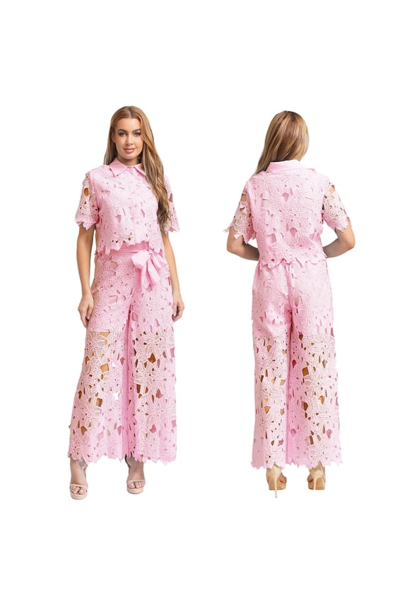 Women's 2 Piece Crochet Lace Mother of Bride Pant Suits Formal Outfit for Wedding Pageant Party Pink L