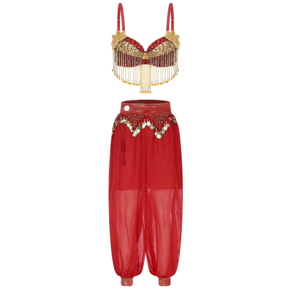 TiaoBug Women's 2pcs Belly Dance Costume Sparkly Sequins Fringe Bra with Ruched Waistband Pants Red One Size