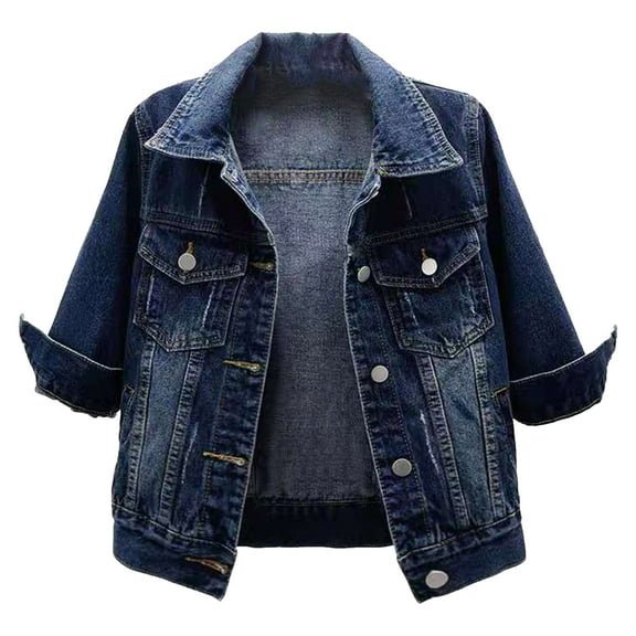 TiaoBug Women's 3/4 Sleeve Denim Jacket Lapel Button Down Cropped Jean Trucker Jacket With Pockets Dark Blue L