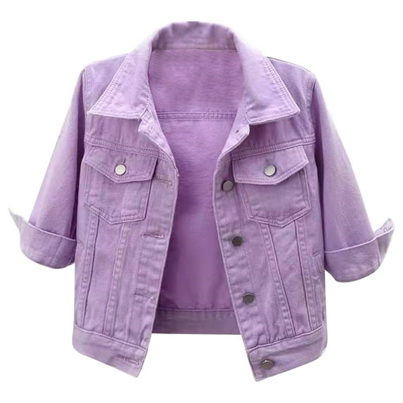TiaoBug Women's 3/4 Sleeve Denim Jacket Lapel Button Down Cropped Jean Trucker Jacket With Pockets Purple 4XL