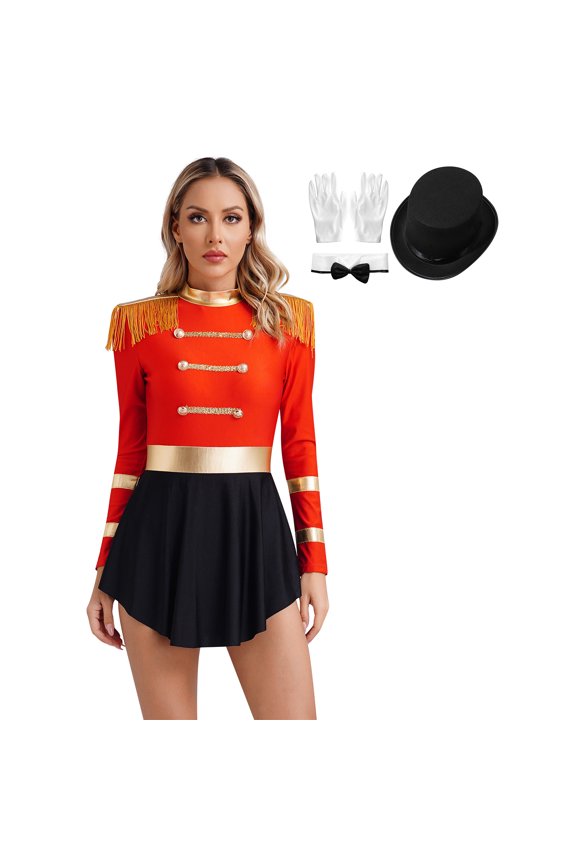 Women's 4Pcs Halloween Outfits Circus Performance Costume Ringmaster A-line Dress C Red S