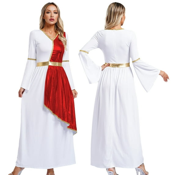 TiaoBug Women's Ancient Greek Metallic Overlay Dress Roman Queen Costume Gold Trim Maxi Robe Red 3XL