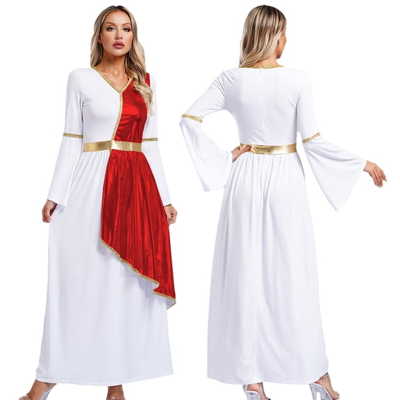 TiaoBug Women's Ancient Greek Metallic Overlay Dress Roman Queen Costume Gold Trim Maxi Robe Red S