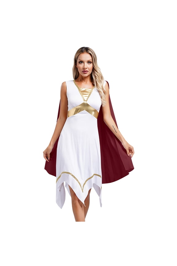 Women's Ancient Greek Roman Queen Costume Asymmetrical Hem Tunic Dress with Attached Cape Burgundy 3XL