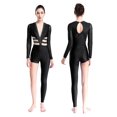 thumbnail image 1 of TiaoBug Women's Asymmetrical Gymnastics Leotard Long Sleeve Round Neck Figure Skating Jumpsuit Black S, 1 of 7