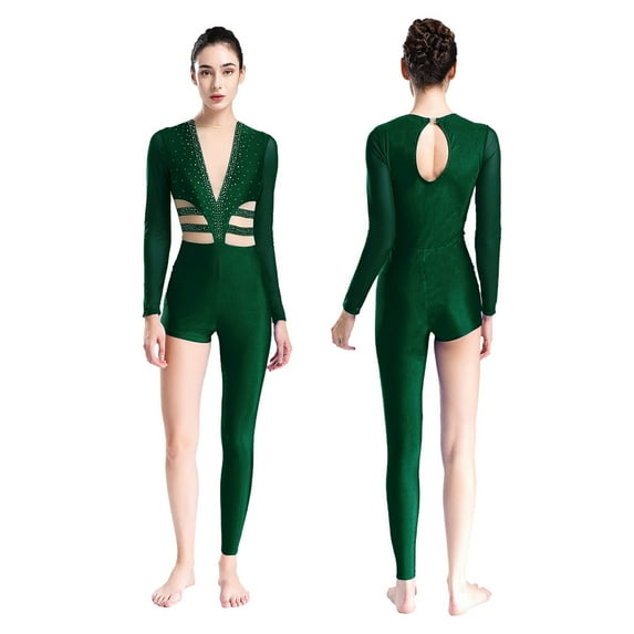 TiaoBug Women's Asymmetrical Gymnastics Leotard Long Sleeve Round Neck Figure Skating Jumpsuit Green S