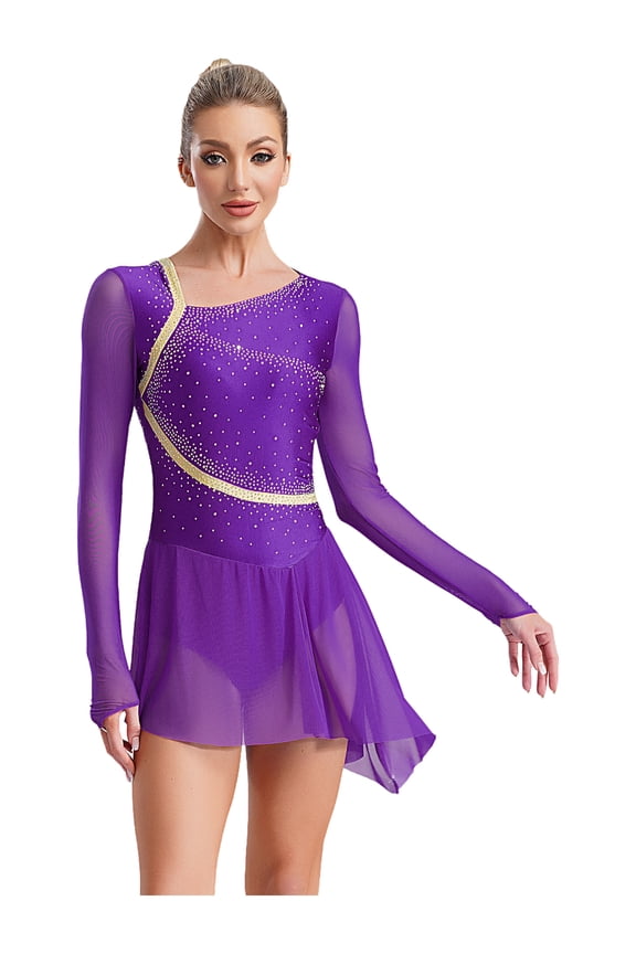Women's Backless Figure Ice Skating Dress Ballet Lyrical Dance Skirt Leotard Modern Contemporary Dancewear Purple S