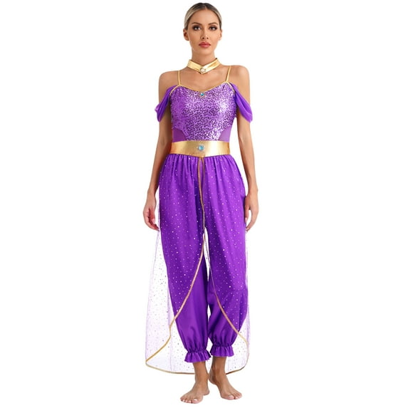 TiaoBug Women's Belly Dance Costume Halloween Arabian Princess Cospaly Outfits Sequin Romper With Choker Collar Purple S