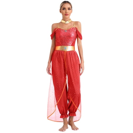 TiaoBug Women's Belly Dance Costume Halloween Arabian Princess Cospaly Outfits Sequin Romper With Choker Collar Red 3XL